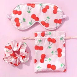 Set de scrunchie, antifaz y bolsa de almacenamiento estampado de cereza