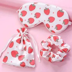 Set de scrunchie, antifaz y bolsa de almacenamiento estampado de fresas
