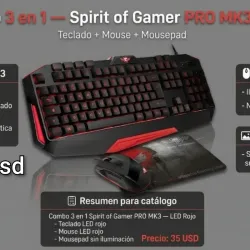 Combo 3 en 1 spirit of gamer pro mk3 retroiluminacion LED rojo Mouse + Teclado + Mousepad.