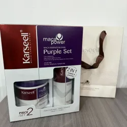Kit que contiene Mascarilla capilar morada Karseell + champú morado para cabellos rubios.