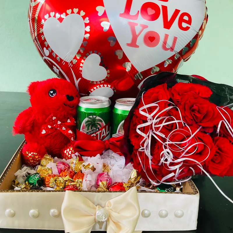 Caja sopresa con peluche y rosas