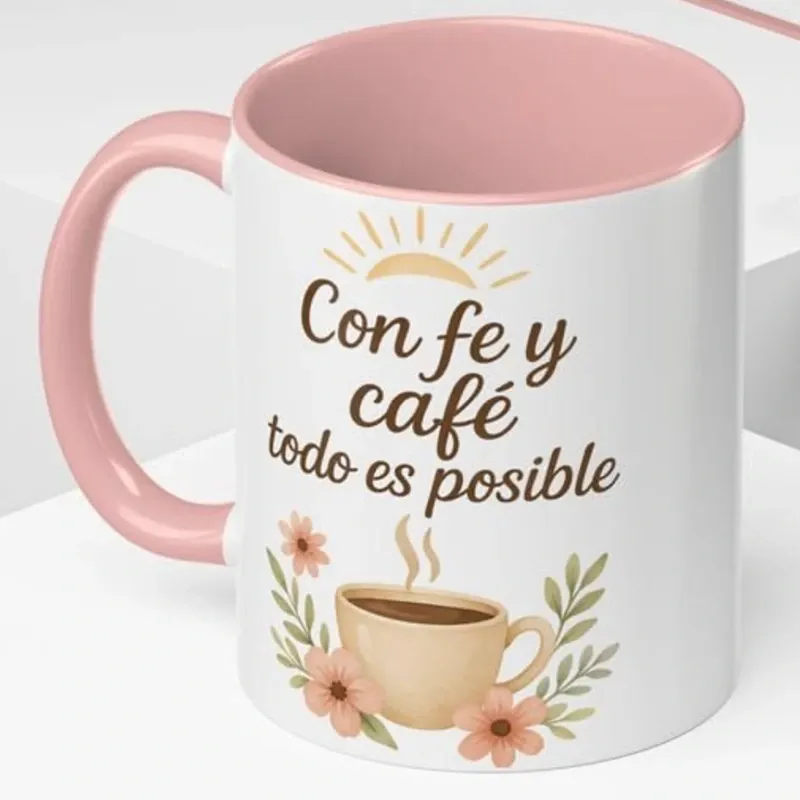 Taza blanca con asa e interior rosado