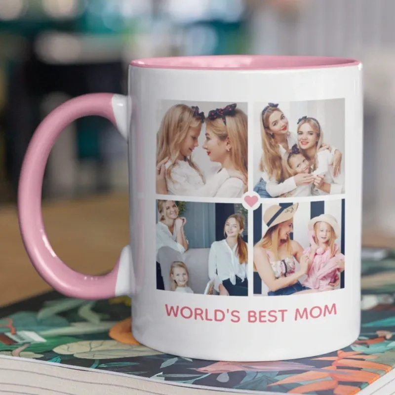 Taza blanca con asa e interior rosado