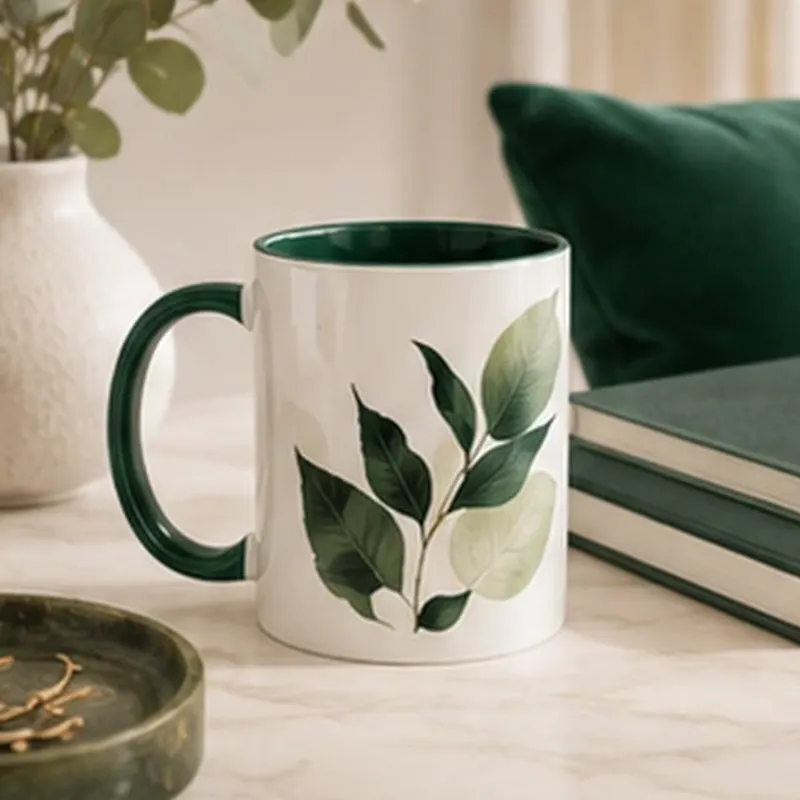 Taza blanca con asa e interior verde oscuro