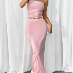 Conjunto de top y saya larga rosada