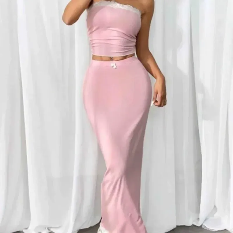 Conjunto de top y saya larga rosada
