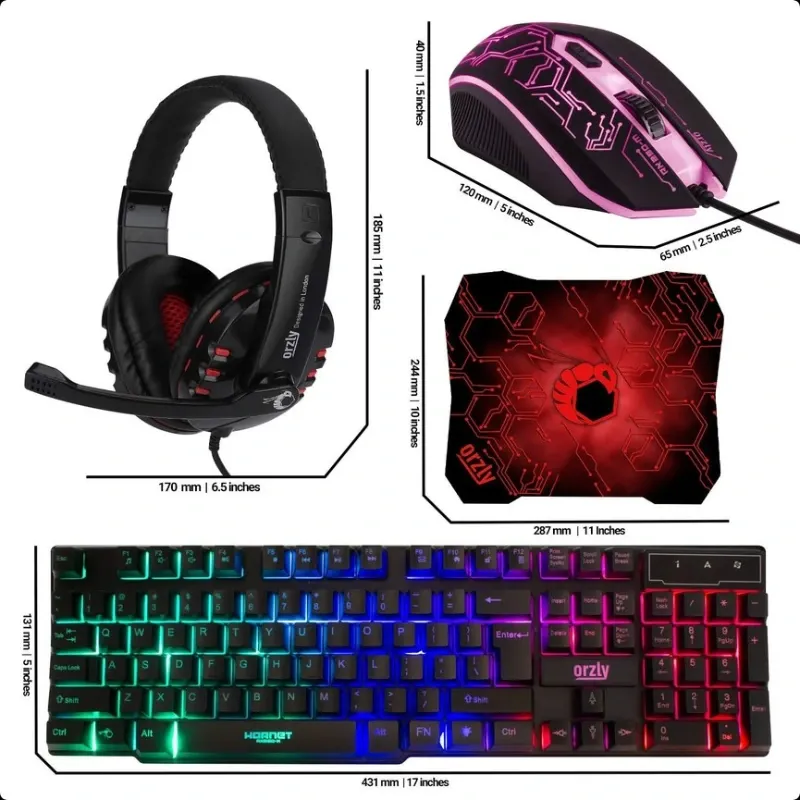 Combo Gamer 4 en 1. Teclado RGB + Mouse Gaming + Auriculares con micrófono + Alfombrilla - Orzly Hornet RX-25🌐