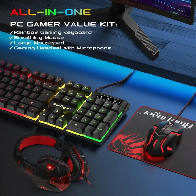 Combo Gamer RGB 4 en 1 Teclado Retroiluminado + Mouse Gaming + Auriculares con Micrófono + Alfombrilla 🌐