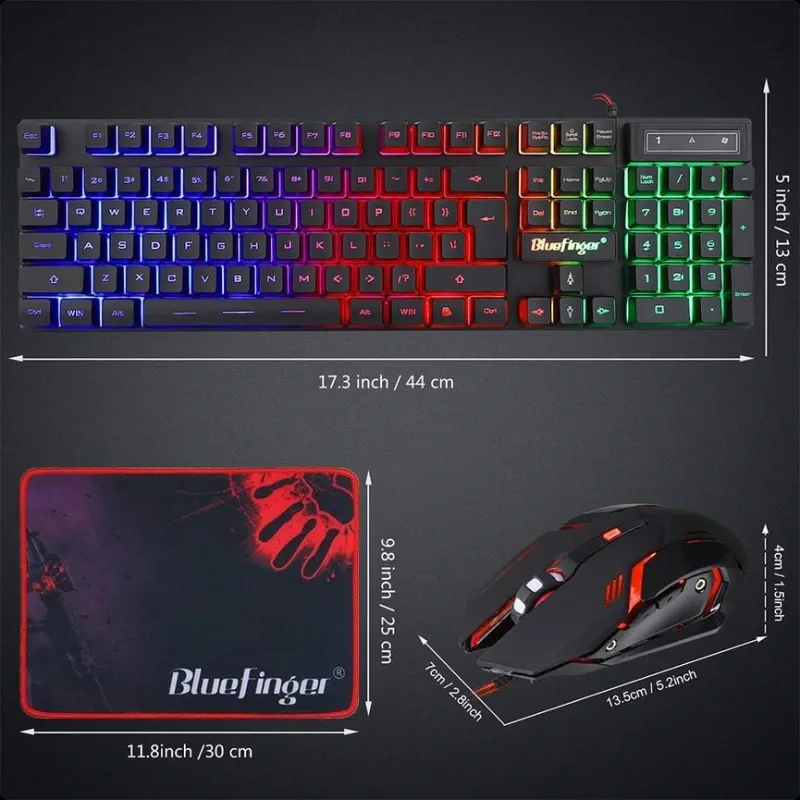 Combo Gamer RGB Teclado Retroiluminado + Mouse Gaming LED + Alfombrilla USB para PC y Laptop - BlueFinger 🌐