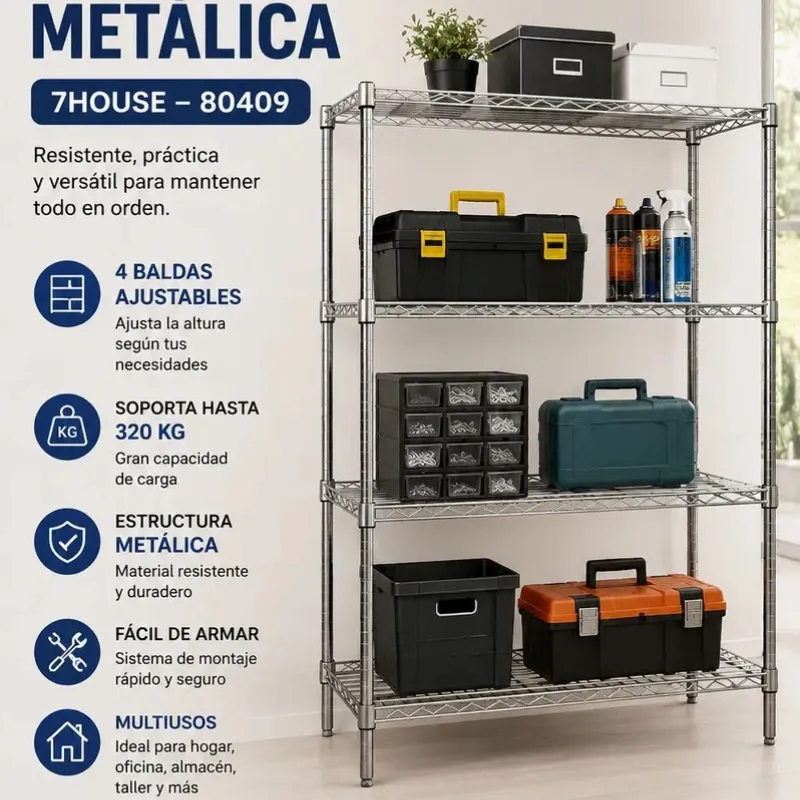 ESTANTE METÁLICO DE 4 NIVELES - 7HOUSE – HASTA 320KG 🏠