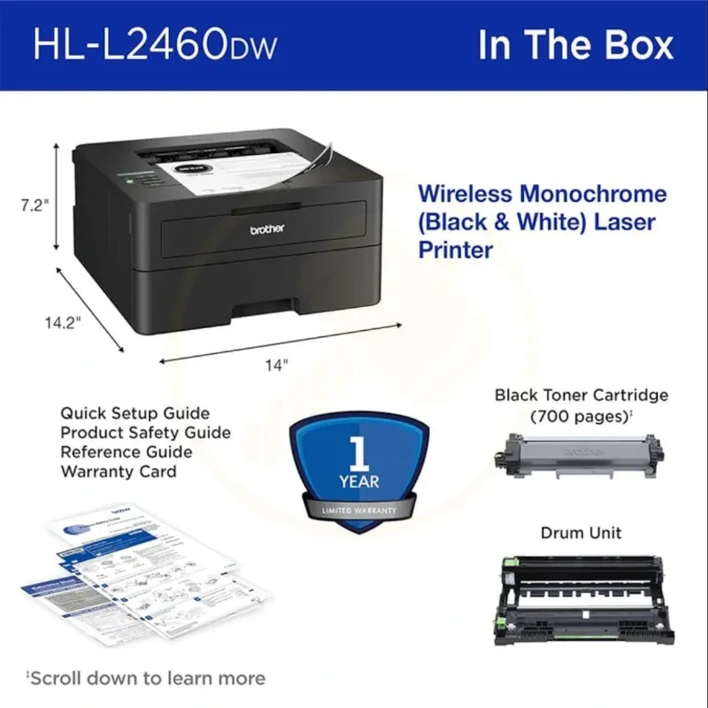 Impresora láser Inalámbrica Brother - HL-L2460DW. Gris 🔶