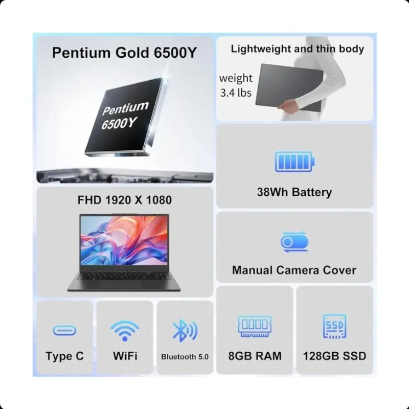 Laptop Computadora portátil ARCBUC de 15.6 pulgadas con 8 GB RAM y SSD de 128 GB ARC-NCS154Y1 🌐