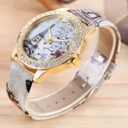 Reloj de cuarzo con esfera impresa de la Torre Eiffel decorada con diamantes de imitación
