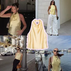 Blusa satinada cuello alto amarilla