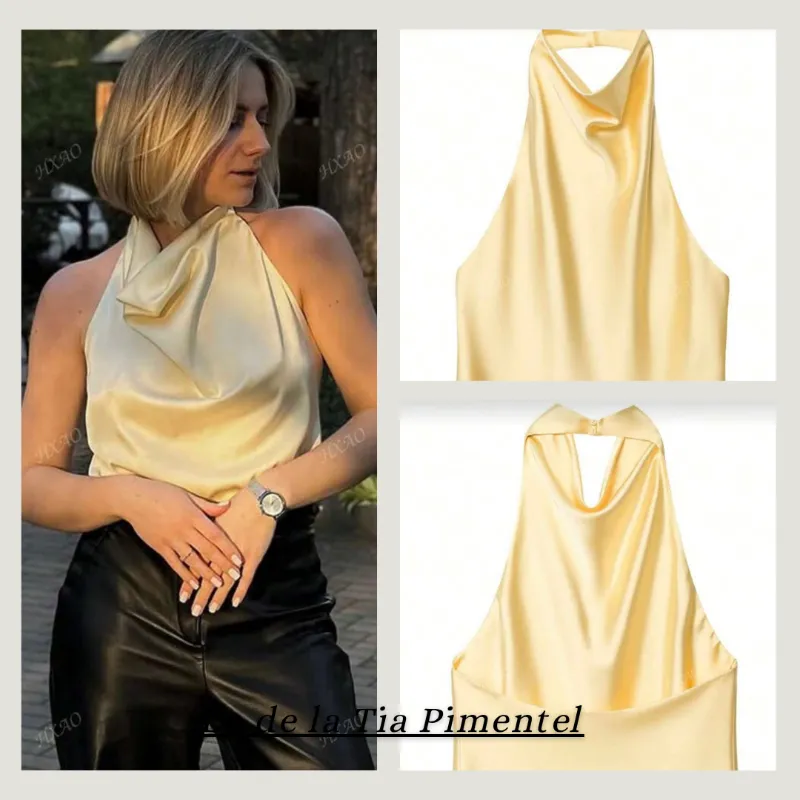 Blusa satinada cuello amarilla