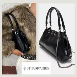 STRADIVARIUS Bolso negro hombro ojales 