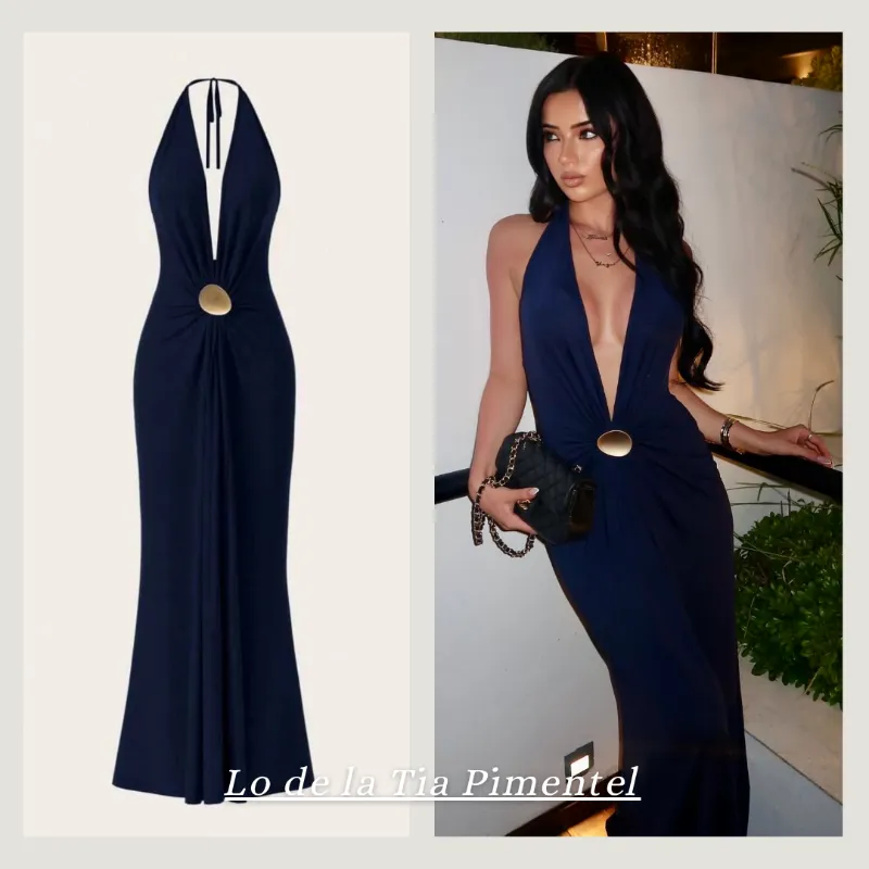 Vestido azul largo escote 