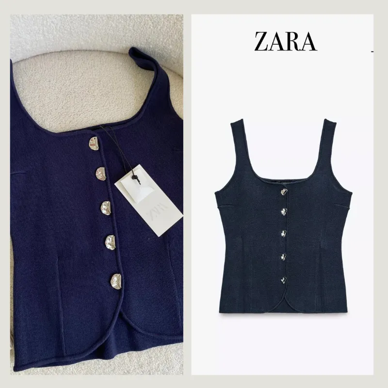 ZARA Top corsé azul oscuro punto liso 
