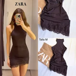 Zara vestido halter encaje marrón