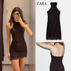 Zara vestido halter encaje marrón