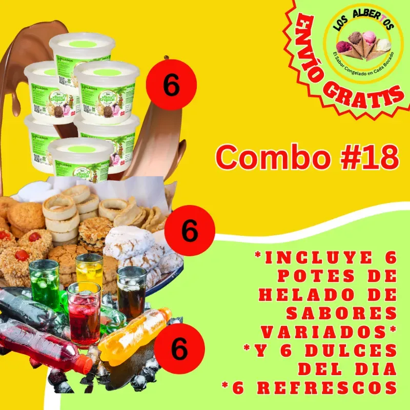 Combo #18.Incluye 6 Potes de Helado de Sabores Variados.6 Dulces del Día.6 Refrescos