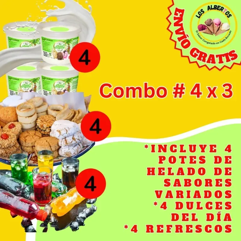 Combo 4 x 3. Incluye 4 Potes de Helado de Sabores Variados .4 Dulces del Día y 4 Refrescos