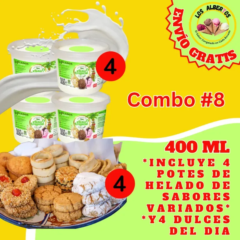 Combo #8. Incluye 4 Potes de Helado de Sabores Variados y 4 Dulces del Día