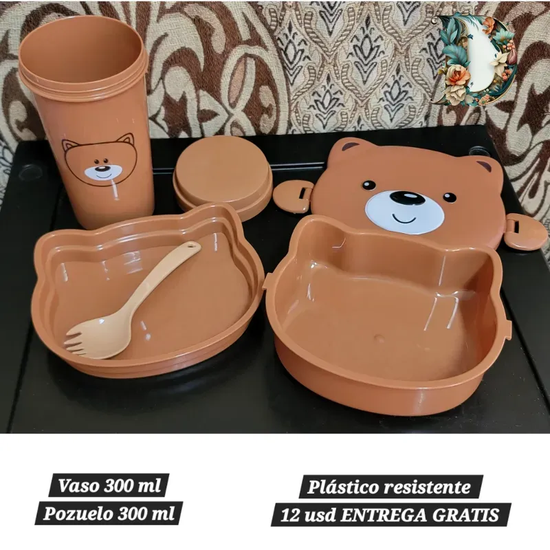 Luncheras con divisiones,  cubiertos y vaso con tapa
