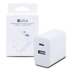 Cargador Rápido 1Hora GAR161 20W con 2 puertos (USB-C 20W + USB-A 18W)
