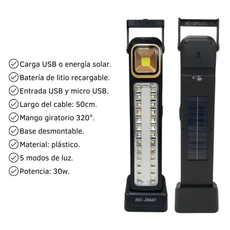 LÁMPARA RECARGABLE CON PANEL SOLAR