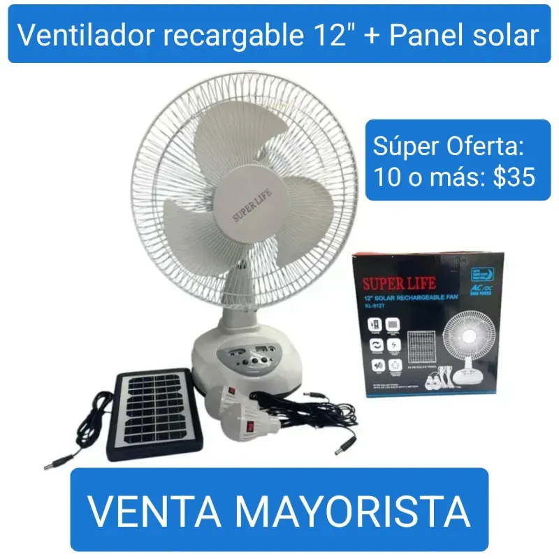 VENTILADOR RECARGABLE DE MESA SUPER LIFE 12" + PANEL SOLAR 