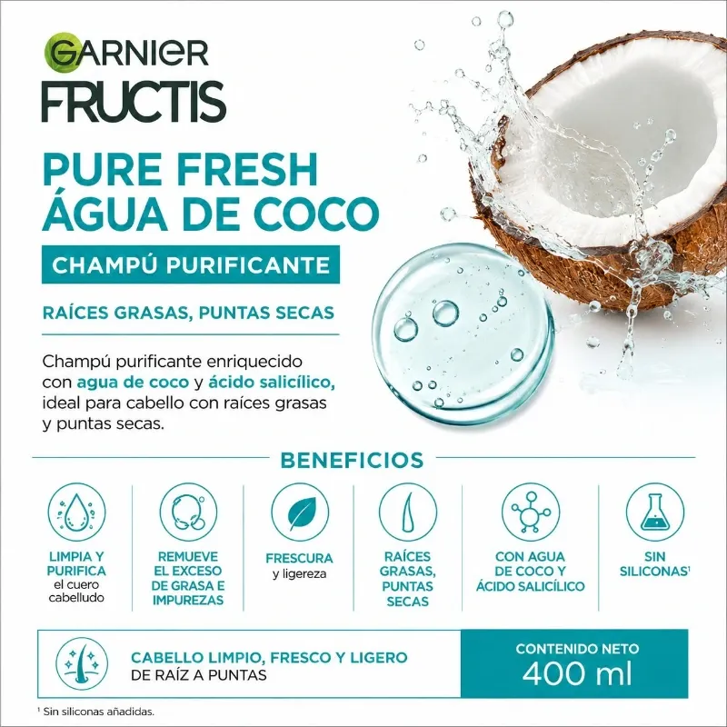 Garnier Fructis Pure Fresh Agua de Coco Champú Purificante