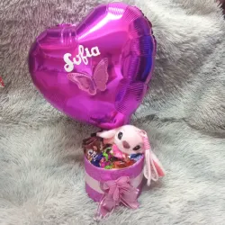 Caja de regalo redonda con confituras y mini peluche 