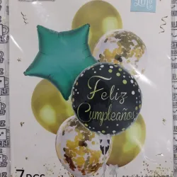 Set de 7 globos. Dorado, verde
