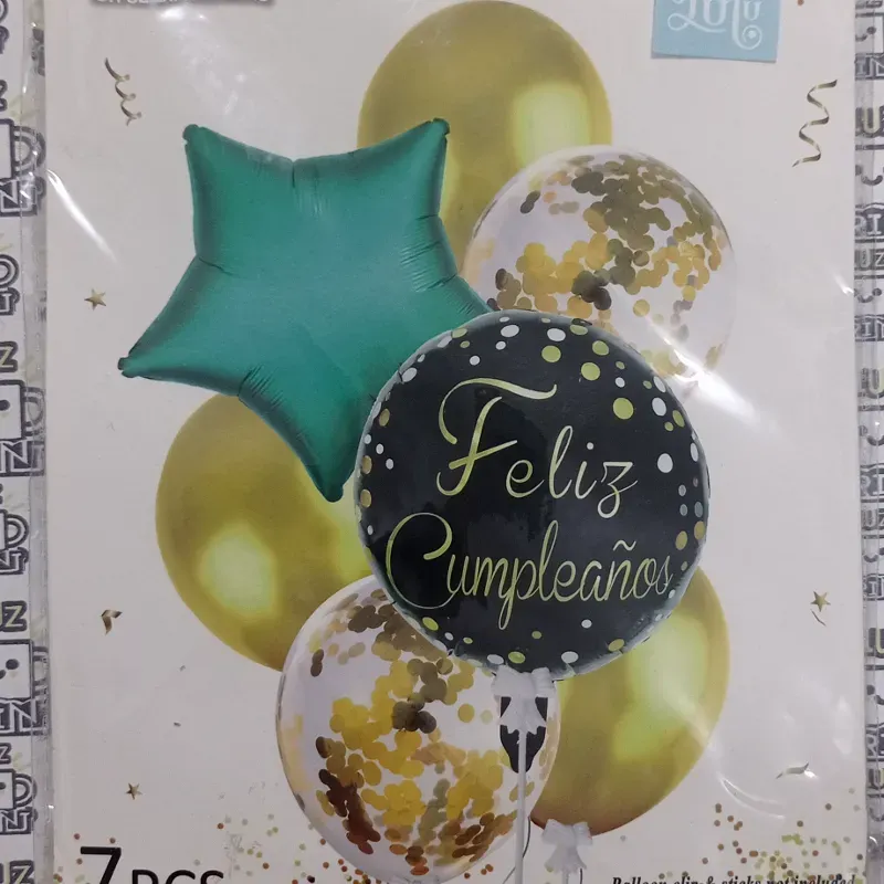 Set de 7 globos. Dorado, verde