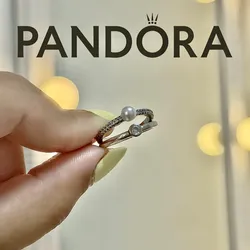 Pandora Anillo de doble banda de perlas cultivadas de agua dulce tratada y pavé