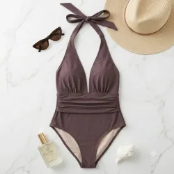 Bañador de Una Pieza Halter - Elegancia en Marrón Chocolate Talla L