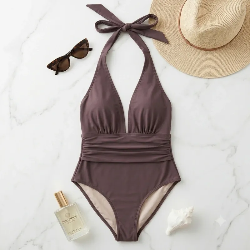 Bañador de Una Pieza Halter - Elegancia en Marrón Chocolate Talla L