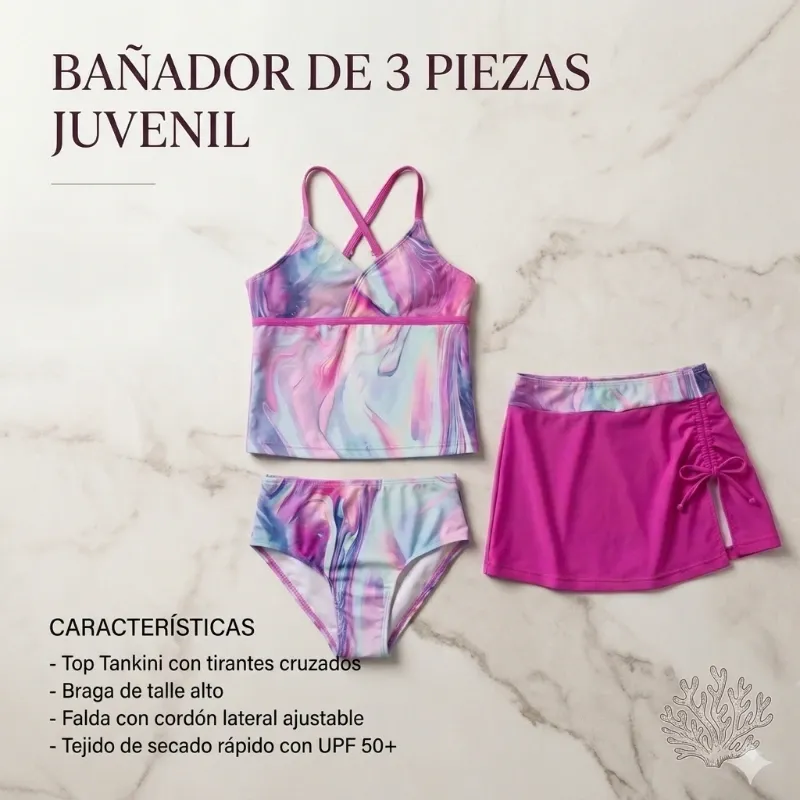 Bañador Juvenil de 3 Piezas – Diseño Marble Pink & Blue 7años