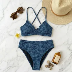Bikini de Dos Piezas con Estampado Botánico – Azul Océano Talla S
