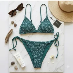 Bikini Triángulo con Estampado Floral - Verde Esmeralda Talla L