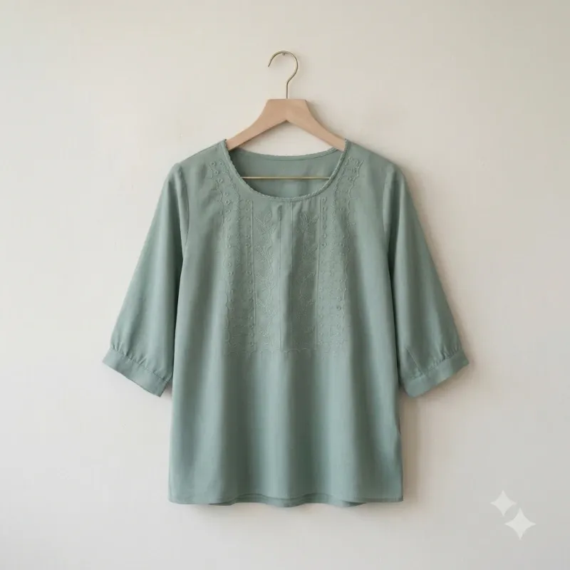 Blusa Bordada con Detalle de Flores – Estilo Casual y Elegante Tono Azul verdoso Talla 3XL