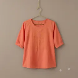 Blusa Bordada de Lino Tono Coral Encantador Talla L