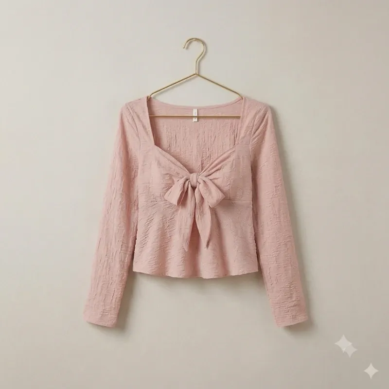 Blusa Estilo "Cider" de Encaje Texturizado en Rosa Palo con Lazo Frontal - Talla L