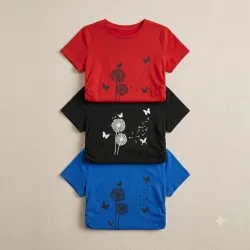 Camiseta de Estilo Casual con Diseño de Diente de León y Mariposas Rojo, Negra y Azul Talla S
