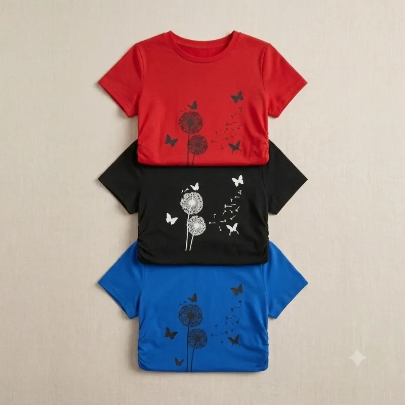 Camiseta de Estilo Casual con Diseño de Diente de León y Mariposas Rojo, Negra y Azul Talla S