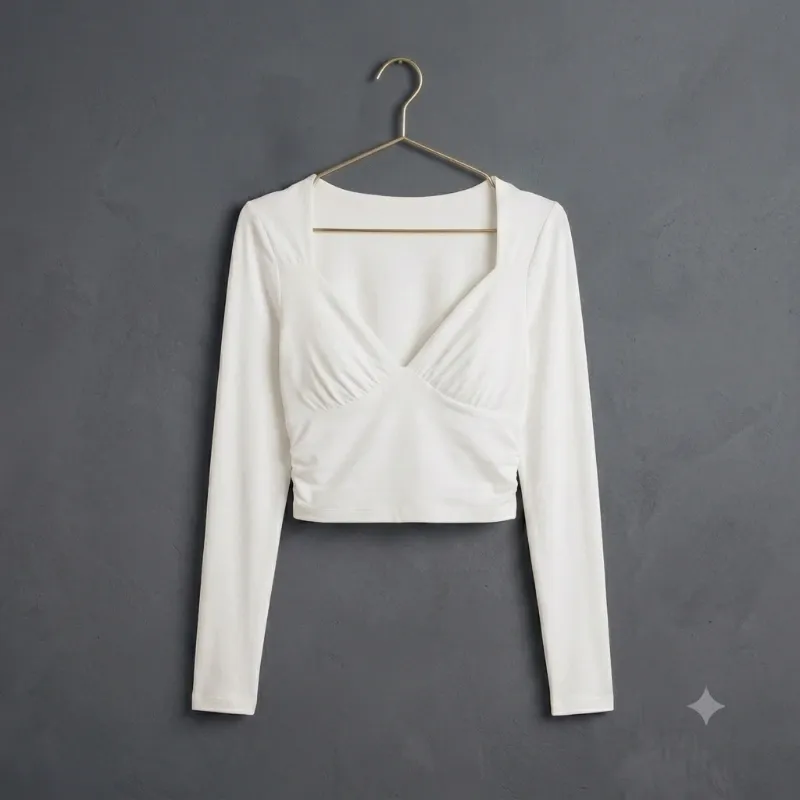 Top Crop de Manga Larga con Escote Corazón Drapeado – Elegancia y Ajuste Perfecto Talla S
