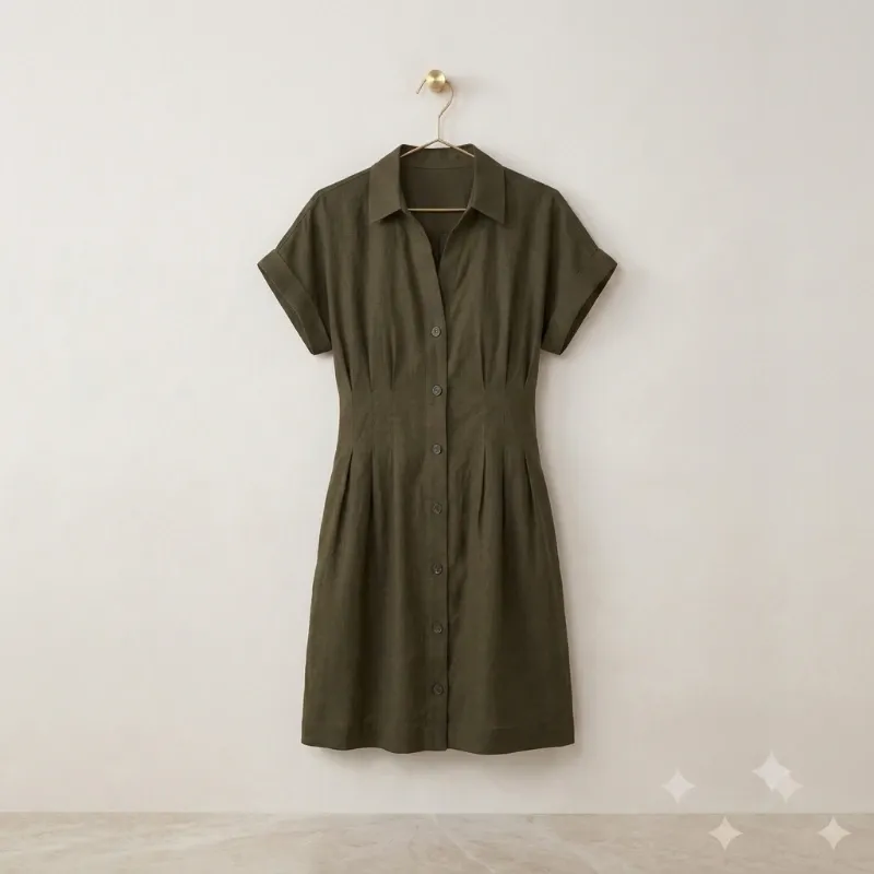 Vestido Camisero H&M en Mezcla de Lino – Verde Oliva Talla S/M