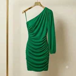 Vestido Corto Asimétrico Drapeado - Elegancia en Verde Esmeralda Talla M