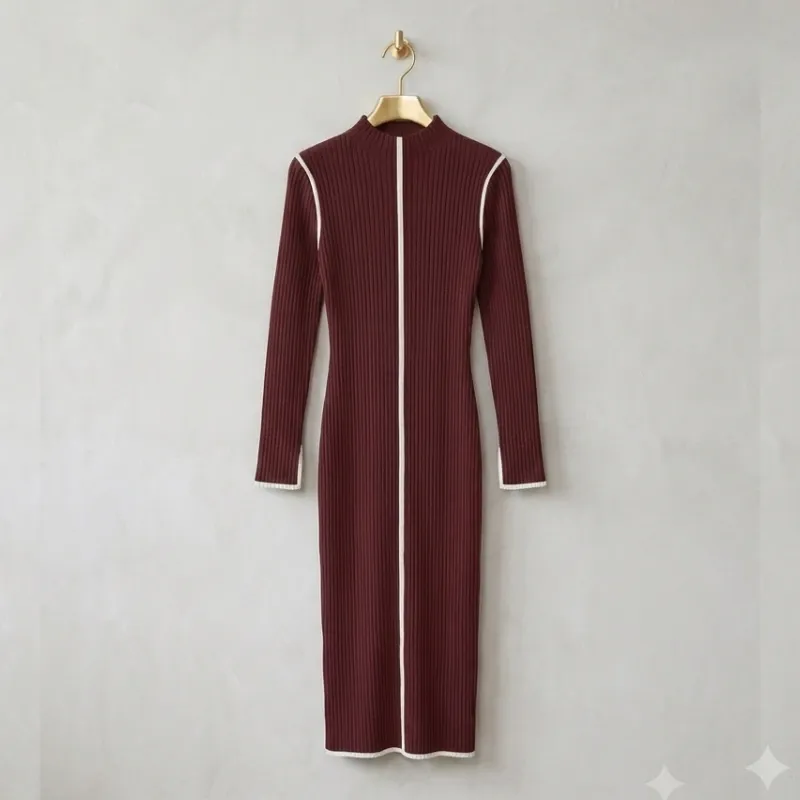 Vestido Midi Ajustado de Punto Acanalado Granate MEROKEETY - Talla M